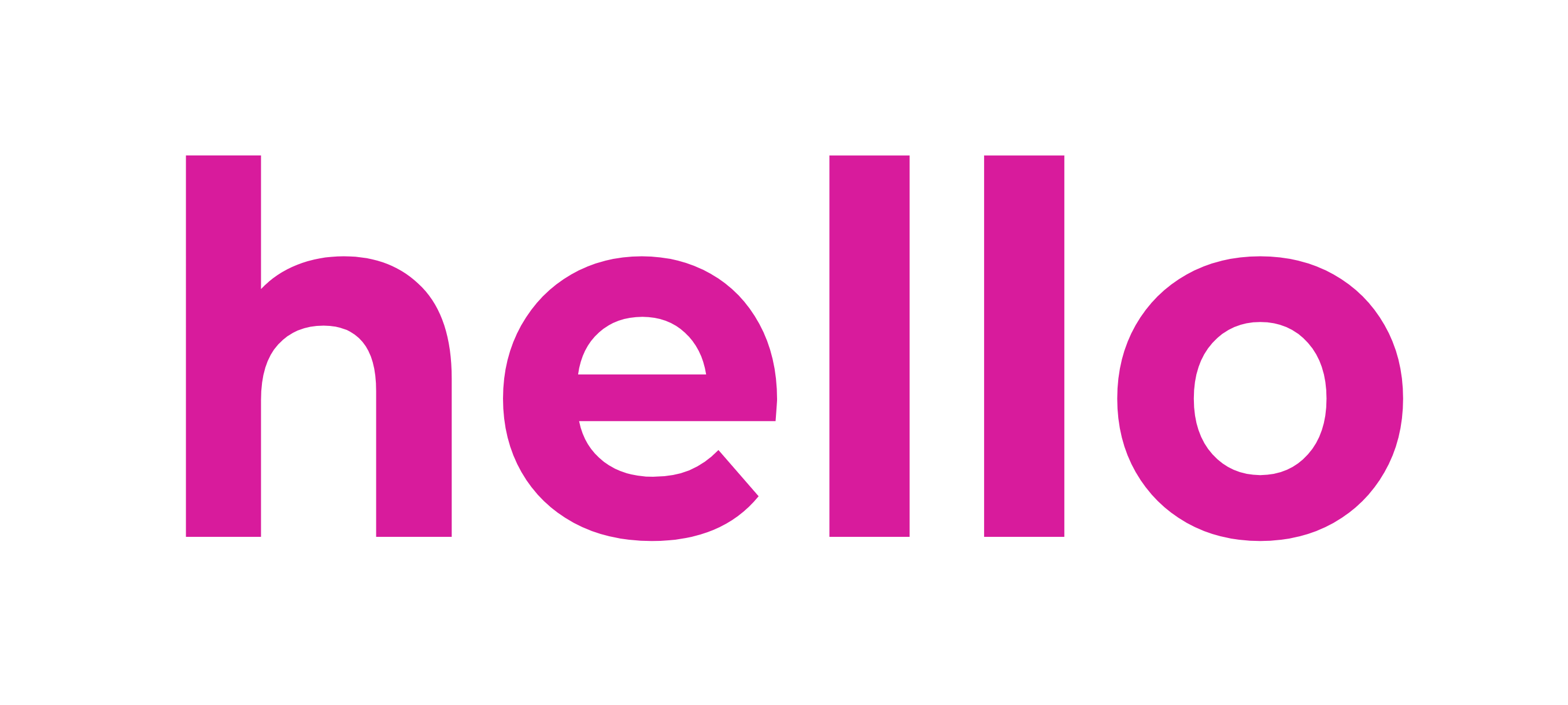 Fullscreen display showing the word hello in magenta on a white background